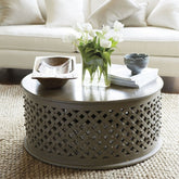 Bristol Hand Carved Indian Solid Wood Round Coffee Table With Jali (Grey)